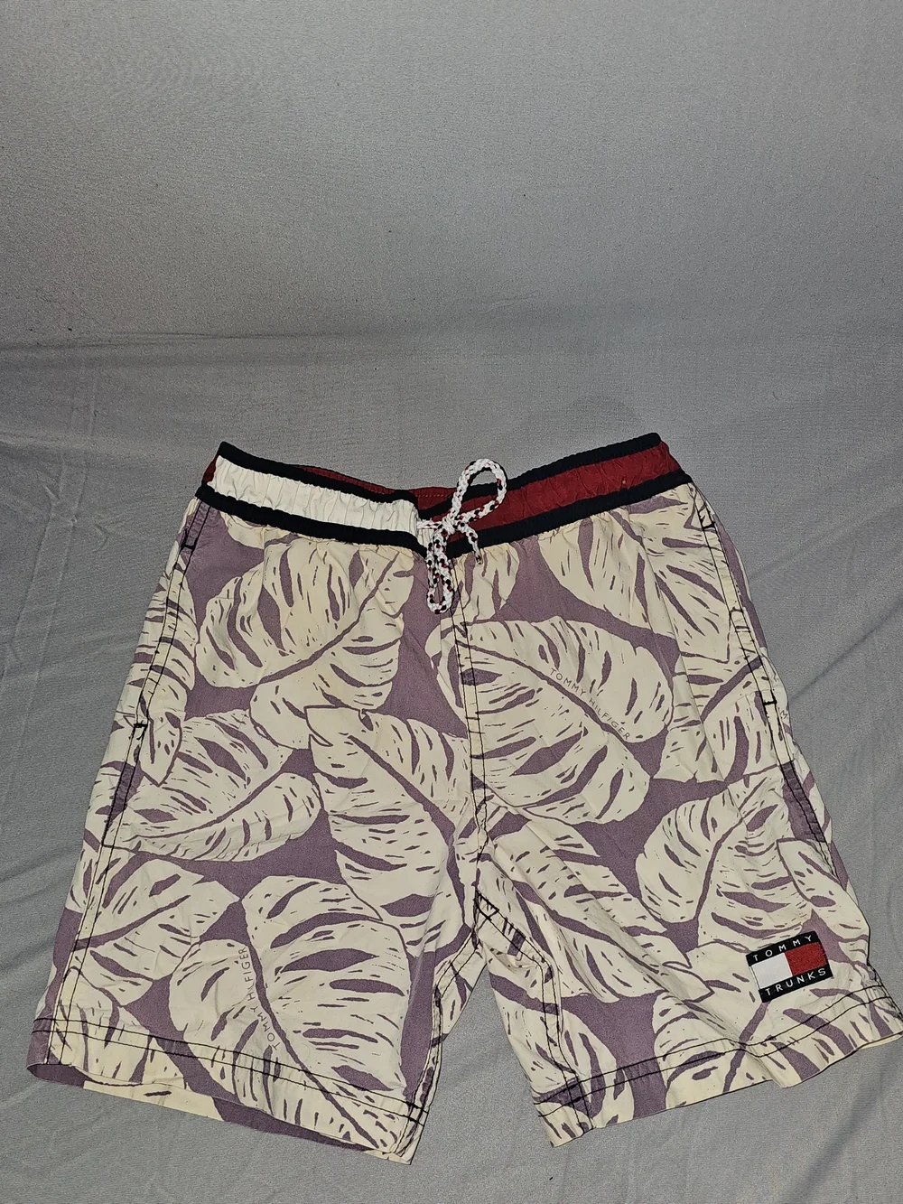 Tommy Hilfiger Purple Leaf-Print Kids Swim Trunks with Cream Pattern